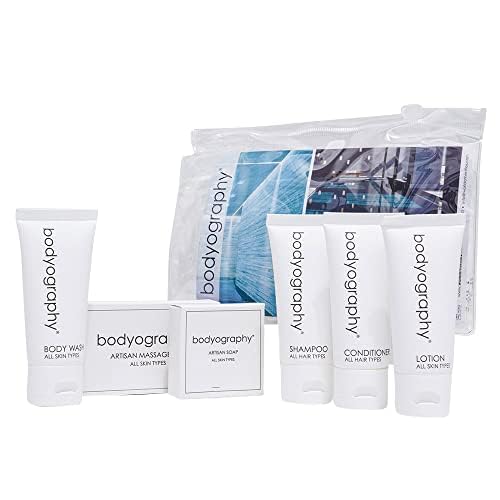 Bodyography Blanc Mini Travel Size Toiletries Bathroom Kit | Vanilla White Tea| Shampoo, Conditioner, Body Wash, Lotion, Artisan Soap and Massage Bar