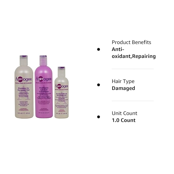 ApHogee Shampoo for Damaged Hair 16 Fl Oz, ProVitamin Leave-In Conditioner 16 Fl Oz, Keratin 2 Minute Reconstructor 8 Fl Oz Set