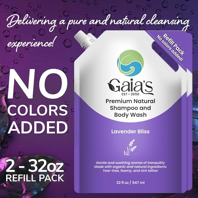 GAIA'S Natural Body Wash and Shampoo Lavender, Bulk Refill Size, 64 Fl Oz, Sulfate Free, Paraben Free, Dye Free, Tear Free, Organic and Natural Ingredients, PH Balance Feminine