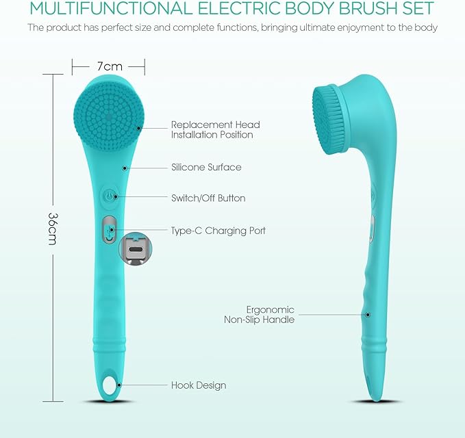 VOYOR Electric Body Brush Back Scrubber Silicone Body Scrubber Two-Way Rotating Brush Head for Deep Cleaning, Exfoliation, 4 Attachments Long Handle IPX6 Rechargeable Shower Brush BC300 (Blue)