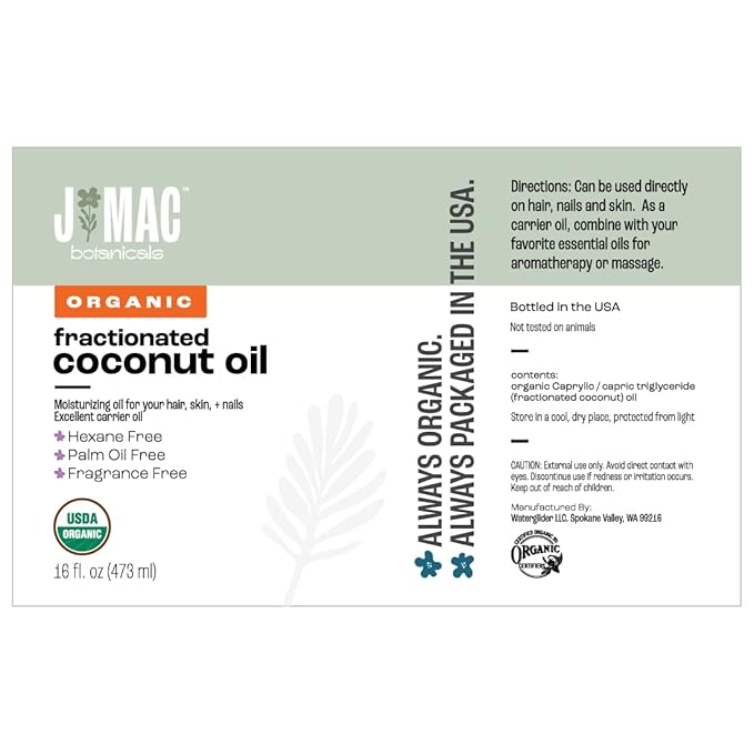 J MAC BOTANICALS Organic Fractionated Coconut Oil (16 Ounce Glass Bottle) Organic Carrier Oil and for DIluting Essential Oils, Moisturizer, Hair Care