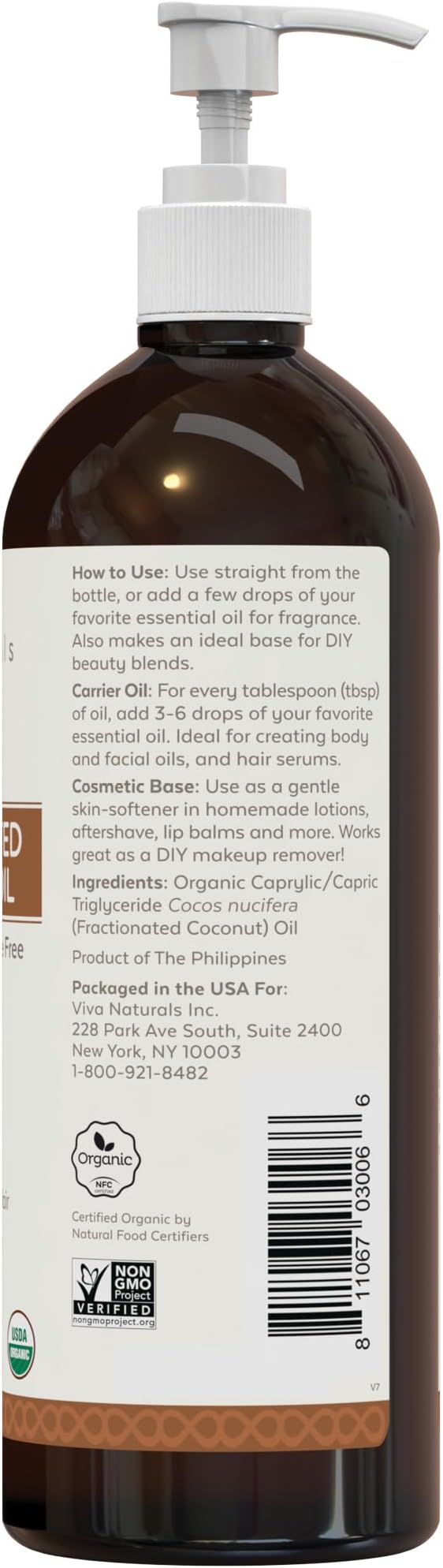 Viva Naturals Organic Fractionated Coconut Oil - Skin & Hair Moisturizer, Relaxing Massage and Body Oil, Carrier Oil for Essential Oils Mixing, Pure Non-Greasy Coconut Oil for Skin and Hair, 16 fl oz