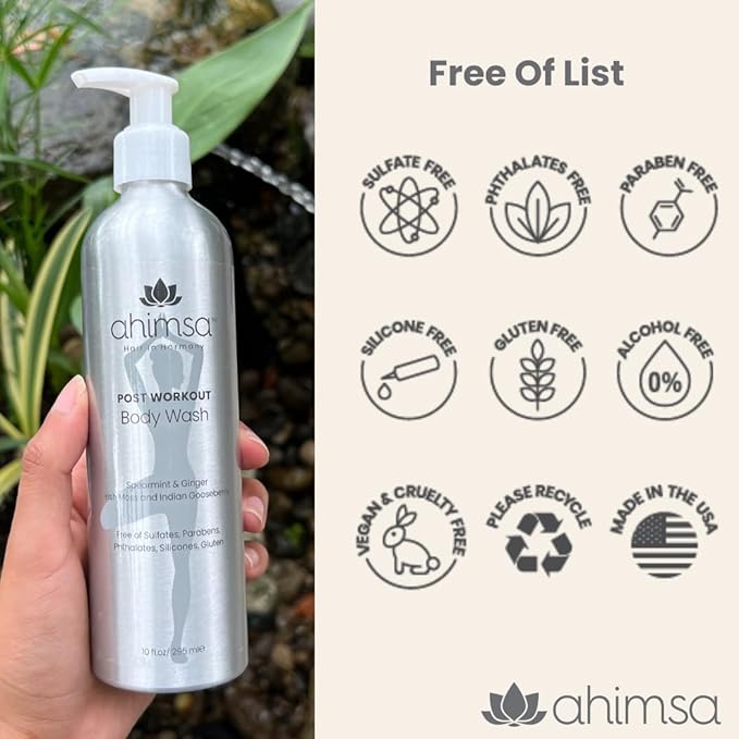 Ahimsa Irish Moss Body Wash – Hydrating & Antioxidant-Rich for Glowing Skin, Vegan, Sulfate-Free, Eco-Friendly, Yoga-Inspired Spearmint & Ginger, Gentle 10oz
