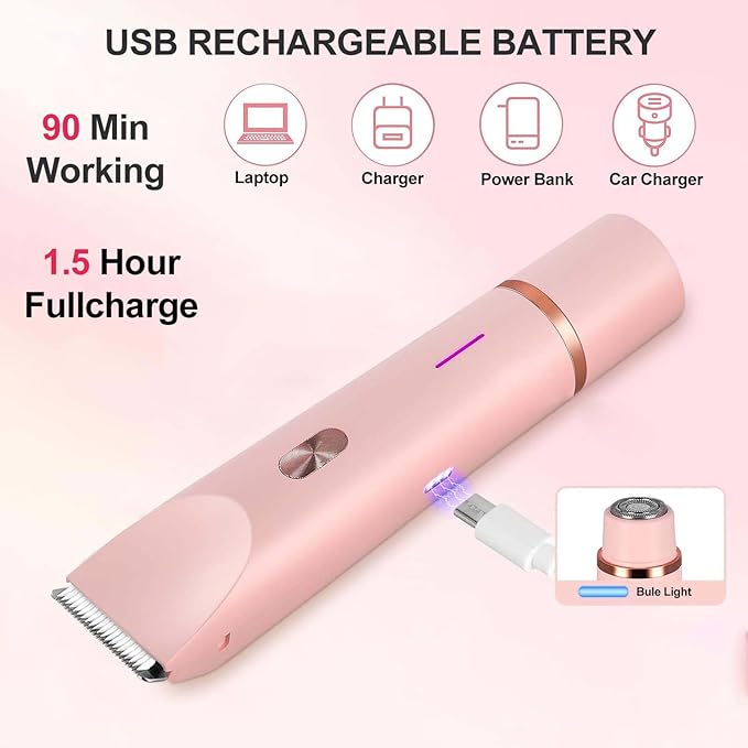 Bikini Trimmer for Women, 2 in 1 Electric Razors for Women - Double Head, Rechargeable, IPX7 Waterproof, Pain-Free Hair Removal for Facial, Body & Sensitive Areas with Ceramic Blades, Cordless