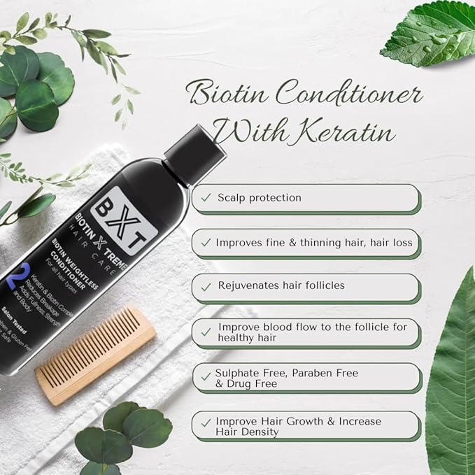 Biotin X Treme Natural Hair Growth Biotin and Keratin Conditioner for Thinning Hair - Strengthens, Smooths, and DHT Blocker - Color-Safe, Sulfate, Paraben, and Gluten-Free for Fine and Damaged Hair