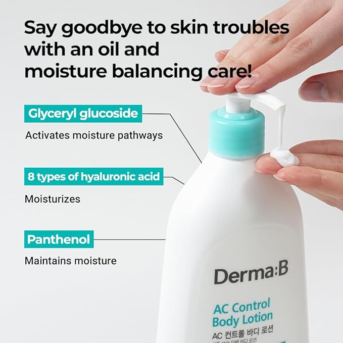Derma B | AC Control Body Lotion | Moisturizer for Anti-Blemish & Pimples | Water-Oil Control | Hypoallergenic Solution for All Skin Types | Body Cream for Soothing & Refreshing | 13.52 fl oz (400ml)