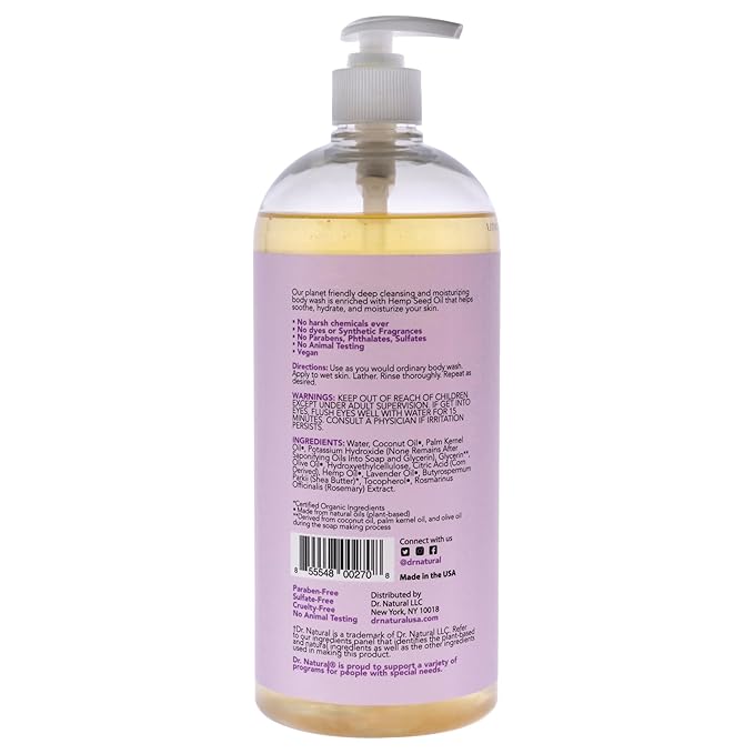 Dr. Natural Hemp Body Wash - Natural for Sensitive Skin - Moisturizing - Anti-Aging and Acne Reduction - Calming Lavender - 32 oz