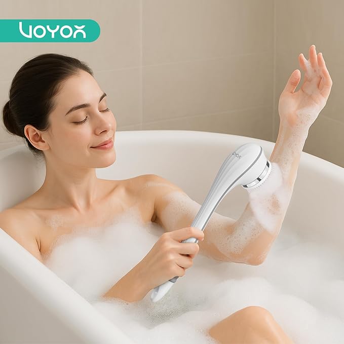 VOYOR Electric Body Brush Back Scrubber for Shower Rechargeable Exfoliating Bath Brush Powered Shower Brush with Non-Slip Long Handle Deep Cleansing, Exfoliation, Massaging Spin Brush BC100 (Gery)