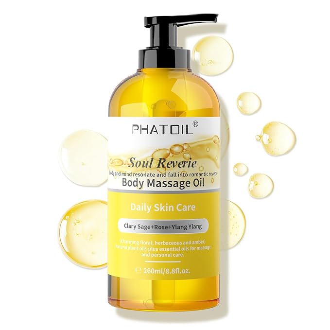 260ML YlangYlang Body Massage Oil for with Clary Sage and Rose Oil, Large Bottle Body & Facial Oil for Nourishing Skin, Muscle, Scented Body Oil for After Shower(8.8FL.OZ)