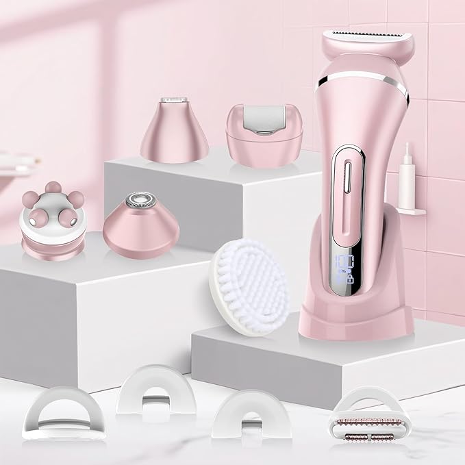 Electric Shavers for Women, 7 in 1 Hair Removal Kit with Epilator Bikini Trimmer Face Razor Body Brush Face Massager Foot Callus Remover, IPX7 Waterproof Lady Razors Set for Legs Armpit Bikini Pubic