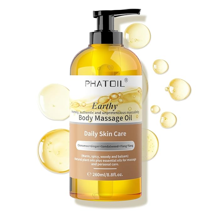 Sandalwood Body Oil for Men with Ginger, YlangYlang, Cinnamon, 260ml Large Bottle Body Oil for Skin, 8.8 fl.oz Premium Moisturizer Oil for After Shower, Great for Skin and Body Care