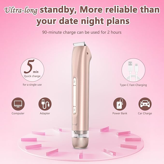 Bikini Trimmer for Women, 2 in 1 Electric Razors for Women Painless Body and Facial Hair Removal, IPX7 Waterproof Wet & Dry Use Bikini Trimmer for Ladies Pubic, Legs, Face, Underarms (Pink)