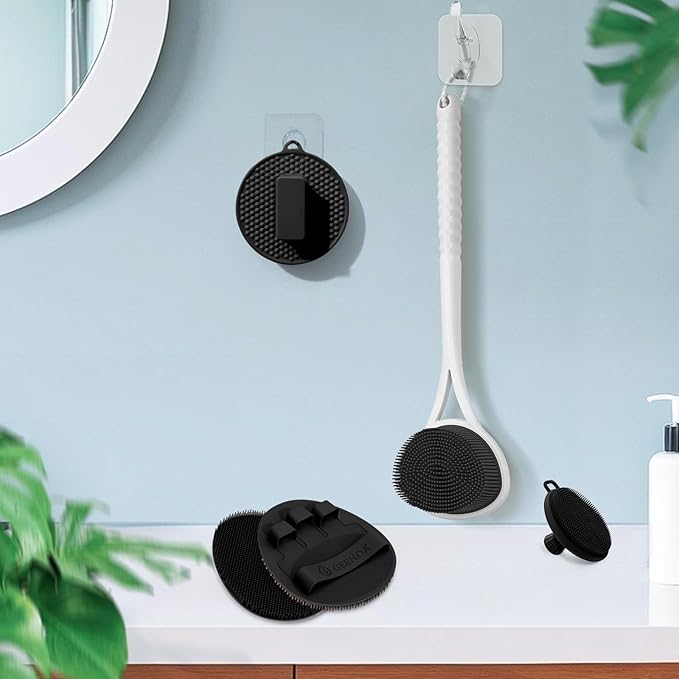 Silicone Back & Body & Face Scrubbers Set 4PCS, 15.35’’ Soft Back Scrubber for Dual-Side Usage, Easy-to-Hold Bath Glove Body Scrubber Face Scrubber for Good Foaming & Deep Cleaning(Black)