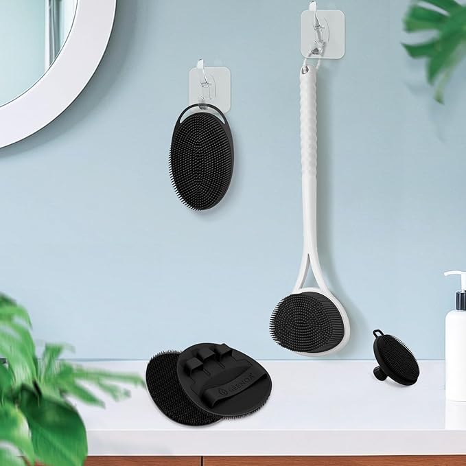 Silicone Back Body Face Scrubbers Set 4PCS, 15.35’’ Back Scrubber Soft Body Scrubber for Dual-Side Usage, Easy-to-Hold Soft Bath Glove & Face Scrubber for Good Foaming Deep Cleaning(Black)