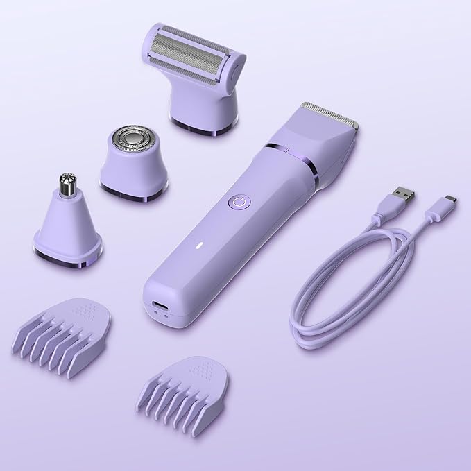 Electric Razors for Women - 4 in 1 Bikini Trimmer for Women, Waterproof Body Pubic Shaver for Womens Wet & Dry Use, Replaceable Facial & Nose Hair Trimmer, Rechargeable Hair Removal Kit, Purple