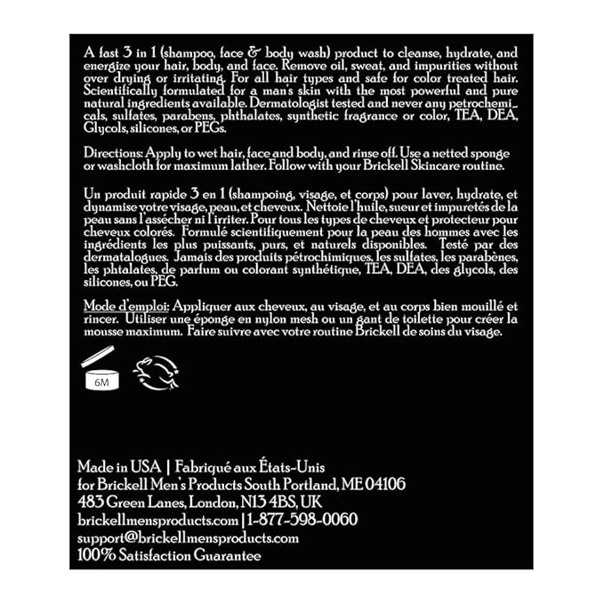 Brickell Men's Rapid Wash, Natural and Organic 3 in 1 Body Wash Gel for Men, 16 Ounce, Evergreen Scent