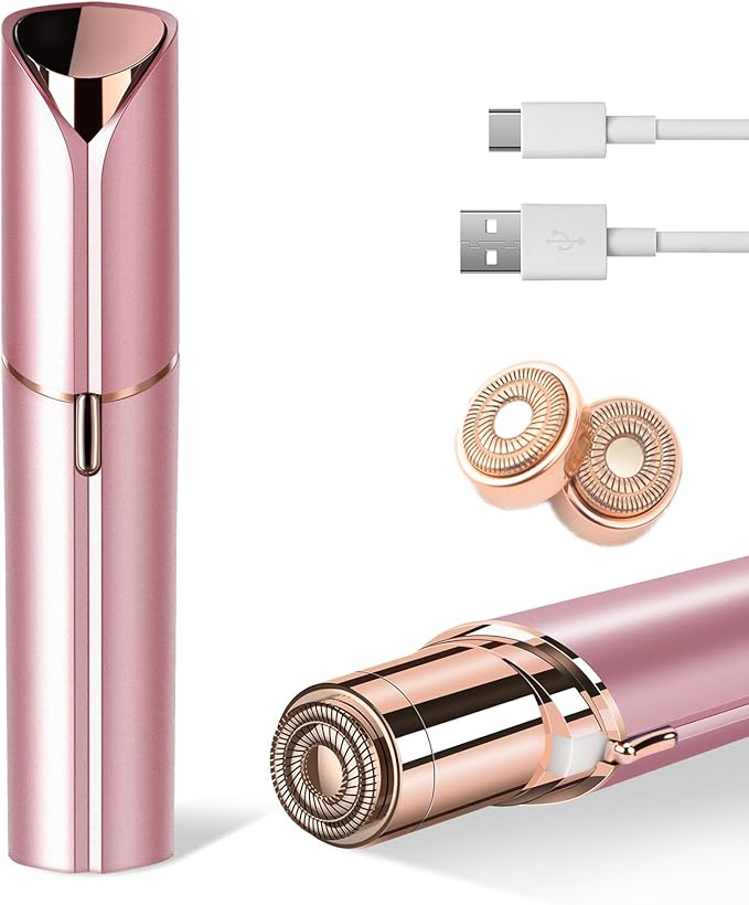 Facial Hair Removal for Women- as Seen on TV Painless Face Shaver -Painless Womens Facial Hair Remover with 2 Replacement Heads, Lipstick-Sized, USB Rechargeable(Rose Gold)