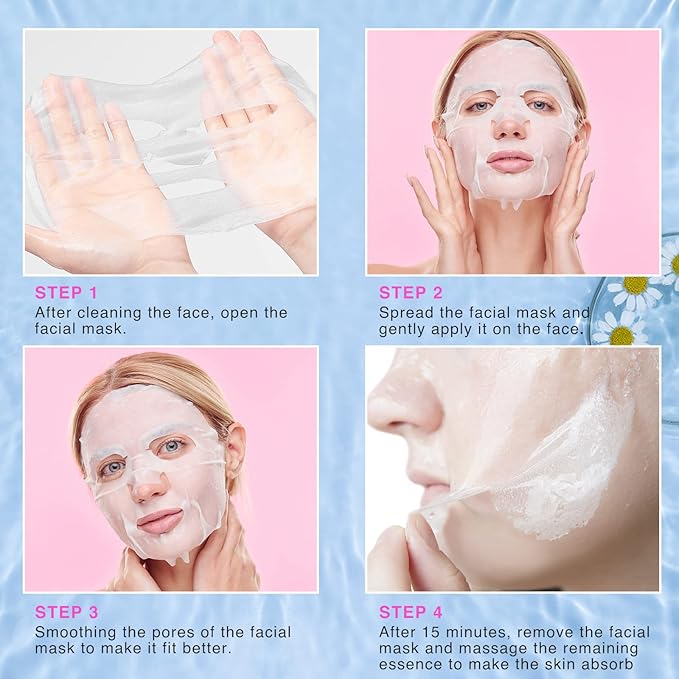 VESPRO Collagen Essence Sheet Facial Masks (48 Pack), Bulk Sheet Masks for Face, Skincare for All Skin Types, Moisturizing and Soothing, Natural Skin Care Spa Face Mask