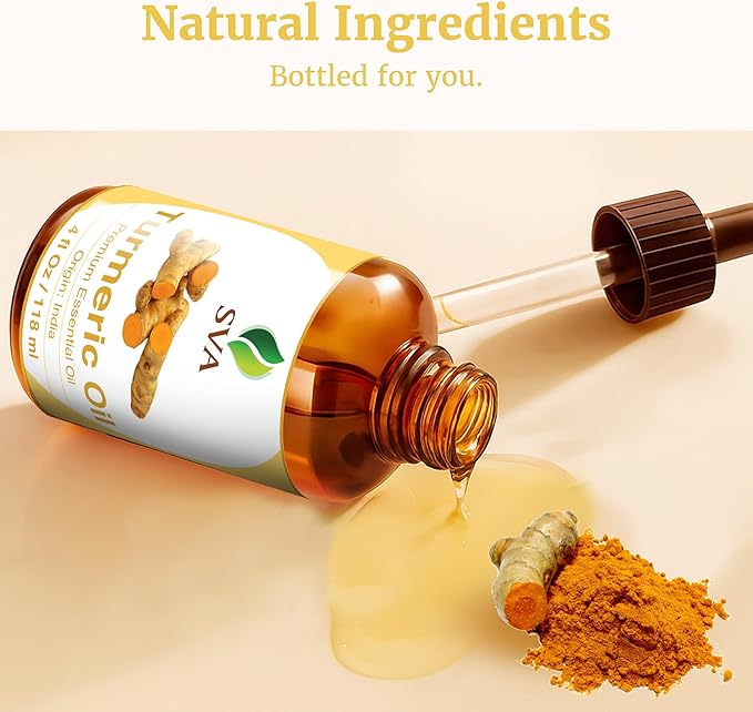 SVA Turmeric Essential Oil – 4 Fl Oz – 100% Natural Turmeric Oil - for Diffuser, Hair Care, Face, Skin Care, Aromatherapy, Scalp and Body Massage, Soap and Candle Making – with Dropper