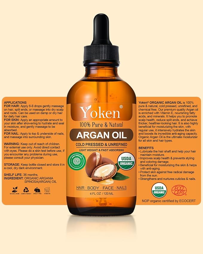 Yoken Organic Argan Oil for Hair 4 Fl Oz, USDA Pure and Natural Morocco Argan Oil, Argon Oil For Hair, Scalp, Face & Skin Care, 100% Cold Pressed Hair Conditioner, Unrefined Argon Nails Carrier Oil