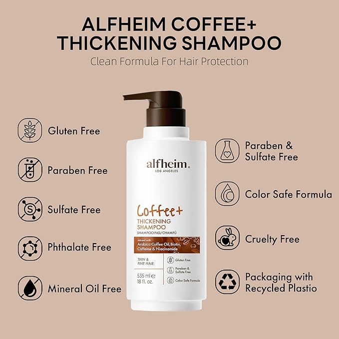 Alfheim Coffee+ Thickening Shampoo | Caffeine, Biotin & Niacinamide for Hair Growth & Strength | Volumizing & Hydrating Formula for Thinning & Fine Hair | Sulfate-Free, Color-Safe -18oz