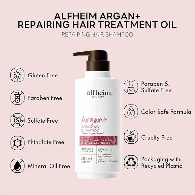 Alfheim Argan+ Repairing Shampoo | Argan Oil & Keratin for Dry, Damaged & Brittle Hair | Deep Nourishing & Strengthening | Sulfate-Free, Color-Safe & Frizz Control | 18 fl oz