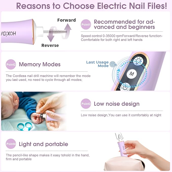 Professional Manicure Pedicure Kit with 360° LED Light&10 Speeds&Memory Mode with Case, Cordless Electric Nail Drill, Pedicure Tools for feet,Hand Foot Care Nail File for Thick Nail Toenail Cuticle