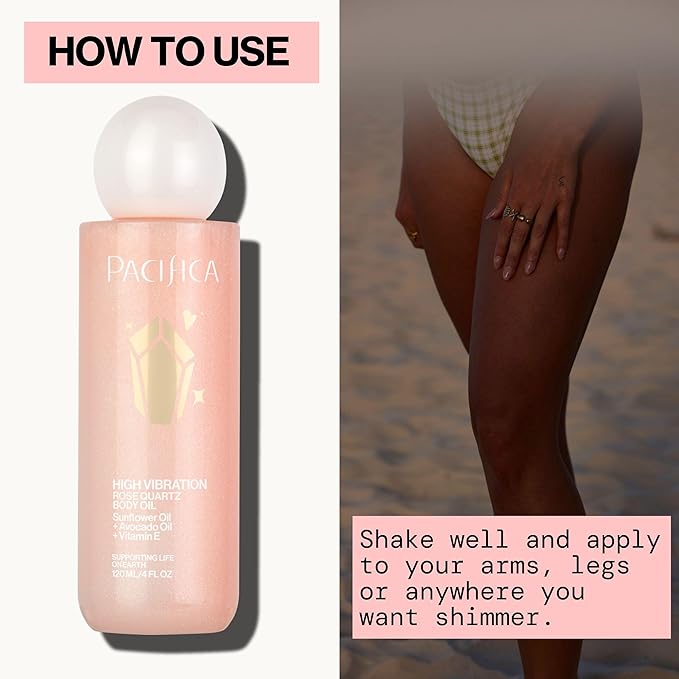 Pacifica Rose Quartz Body Oil – High Vibration Hydrating Body Oil with Natural Plant Oils & Rose Quartz Crystals, Moisturizing & Nourishing, Vegan & Cruelty-Free, Clean Beauty, Floral Scent, 4 oz