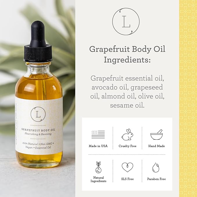 Lizush Grapefruit Body Oil - 2 oz Natural, Vegan, Non-GMO Moisturizing Bath Oil for Silky Skin with Premium Essential Oils - Handmade in the USA
