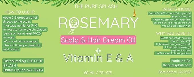 Rosemary Scalp & Hair Dream Oil – Natural Hair Growth & Scalp Care with Peppermint, Vitamin E & A – Lightweight Herbal Blend for Daily Use – 2 fl oz