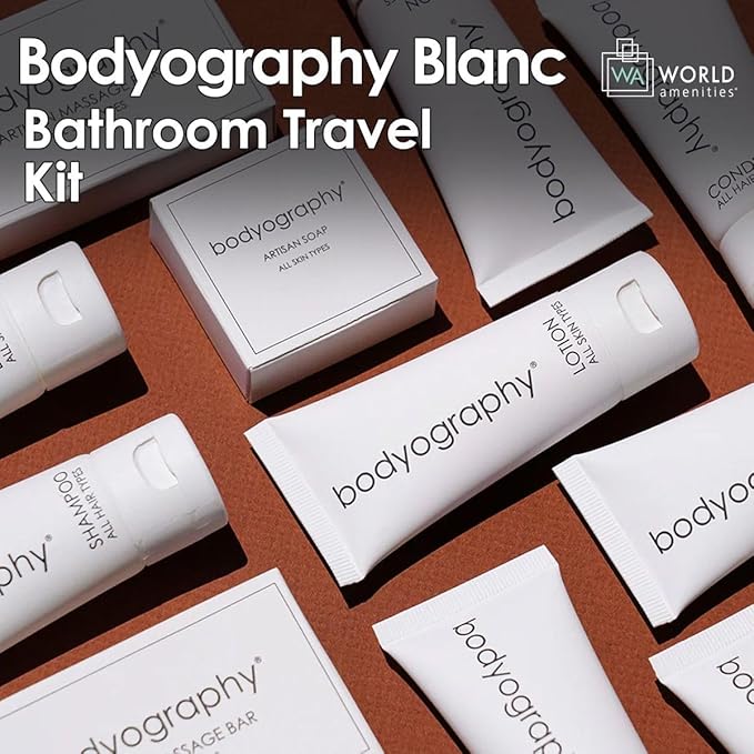 Bodyography Blanc Mini Travel Size Toiletries Bathroom Kit | Vanilla White Tea| Shampoo, Conditioner, Body Wash, Lotion, Artisan Soap & Massage Bar