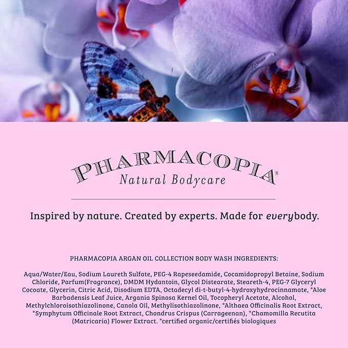 Pharmacopia Hotel Argan Oil Body Wash - Vegan Moisturizing Shower Gel with Aloe Vera, Coconut Oil and Green Tea Extract - Natural, Organic and Cruelty-Free Skin Care for Men and Women, 16.2 oz