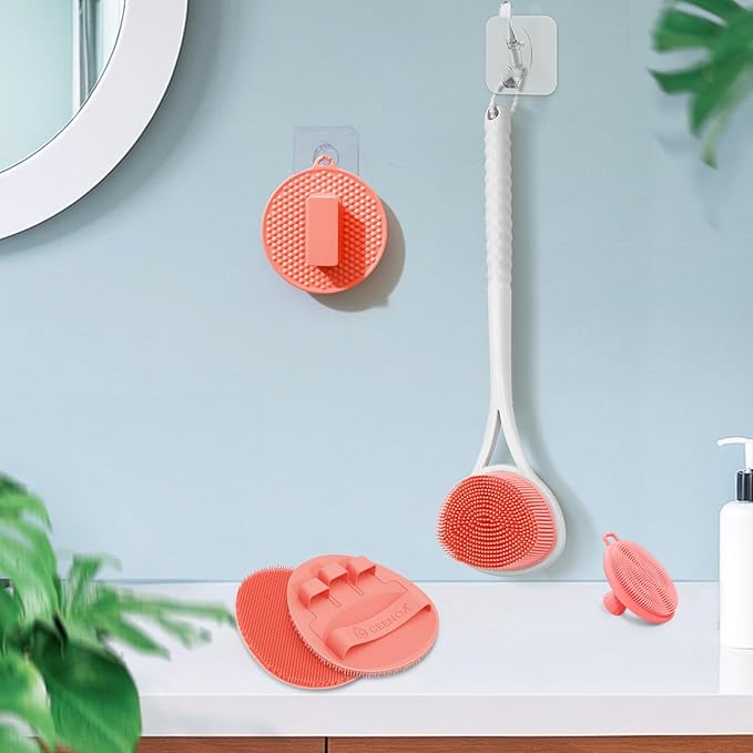 Silicone Back & Body & Face Scrubbers Set 4PCS, 15.35’’ Soft Back Scrubber for Dual-Side Usage, Easy-to-Hold Bath Glove Body Scrubber Face Scrubber for Good Foaming & Deep Cleaning(Pink)