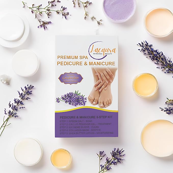 Epsom Salt Soak, Callus Remover Gel, Extreme Sugar Scrub, Collagen Mask & Shea Butter Lotion – Professional Spa Foot Care System 5 Step Luxury Pedicure Kit. Lavender 03 Set