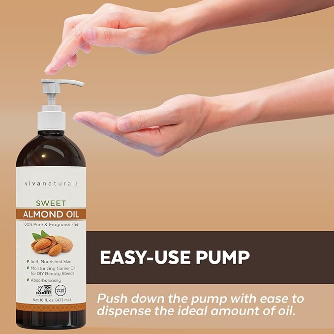 Viva Naturals Sweet Almond Oil for Skin - Body Oil, Hair Moisturizer and Relaxing Massage and Oil, Carrier Oil for Essential Oils Mixing, Non-Greasy Pure Sweet Almond Oil for Hair and Skin, 16 fl oz