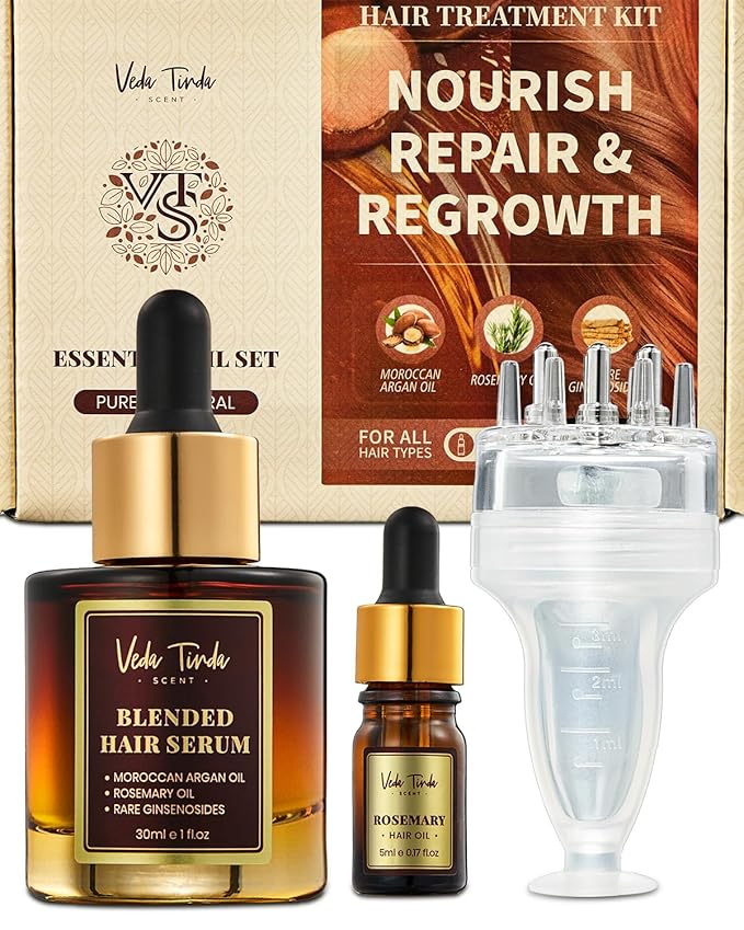 Hair Serum Applicator & Rosemary Oil & Moroccan Argan Oil, Scalp Massager for Hair Growth, Scalp Care Essential Oil Set for Men and Women