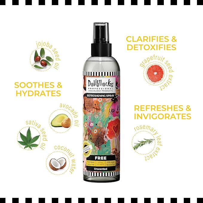 Dollylocks Refreshening Spray – Residue-Free Dreadlock & Loc Moisturizer Spray, Plant Based Deodorizer & Conditioner for Dreads, Vegan & pH-Balanced (Free Scent, 8oz)