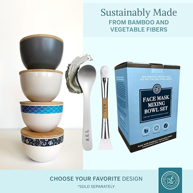 Bare Essentials Living - Clay Face Mask Mixing Bowl Set, Skin Care Kit Facial Bowls with Bamboo Lid, Face Mask Spoon, & Dual Sided Face Mask Brush Applicator for DIY Facials & Hair Mask (Blue Floral)