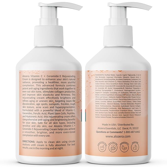 Vitamin C Moisturizer Body Lotion with Ceramides & Stem Cells, Rejuvenating Face & Body Lotion for Noticeably Youthful, Even Skin Tone, Lightweight, Fragrance-Free, 2-Pack 16.9 oz