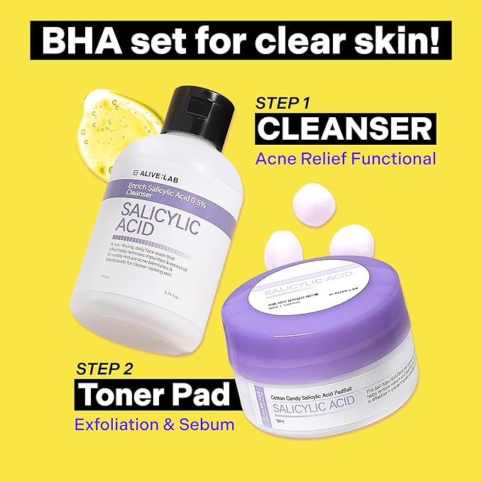 ALIVELAB Cotton Candy Salicylic Acid PadBall – Exfoliating Toner Pads with Salicylic Acid for Acne, Blackheads & Pore Care – Oil Control & Gentle Peeling (1.7 fl.oz)