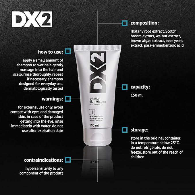 DX2 - Prevent Grey Hair Shampoo for Men - Gradual Dark Color Restoration, Daily Care to Protect Follicle Pigmentation - 150ml