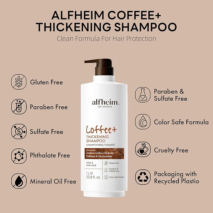 ALFHEIM Coffee+ Thickening Hair Shampoo | Caffeine Complex with Biotin & Niacinamide | Volumize & Strengthen Weak, Thin Hair | Moisturizing Sulfate-Free Formula | Color-Treated Safe | 33.8oz