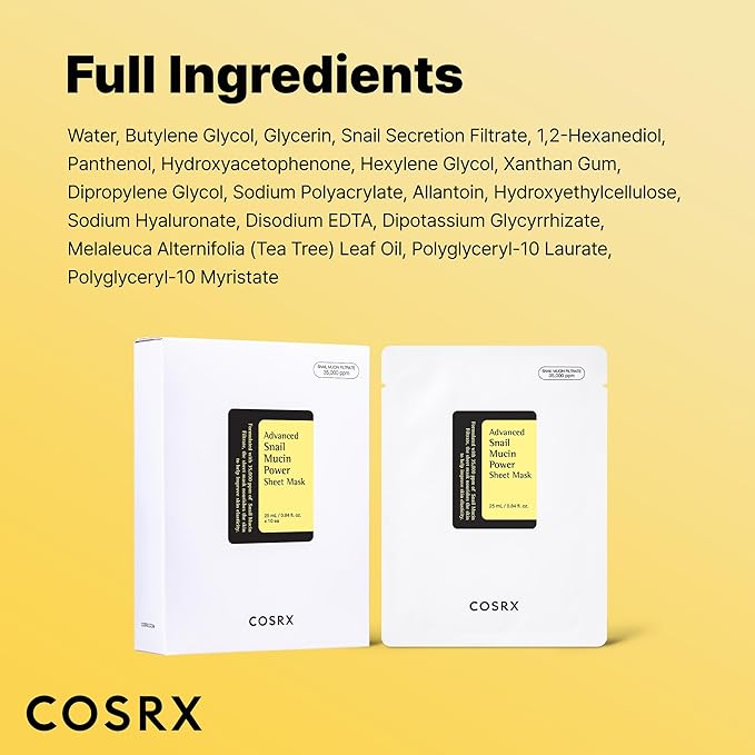 COSRX Snail Mucin Sheet Mask 10 EA with Snail Mucin Serum, Self Care, Face Masks for Dry, Sensitive Skin, Not Tested on Animals, No Parabens, No Sulfates, Korean Skin Care