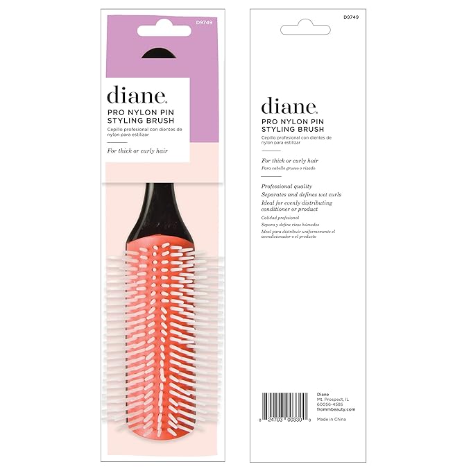 Diane 9-Row Professional Styling Brush, Nylon Pins for Thick or Curly Hair, Use with Wet Hair and Distributing Conditioner, Blowdrying, Black & Red, 1 Count (Pack of 2)