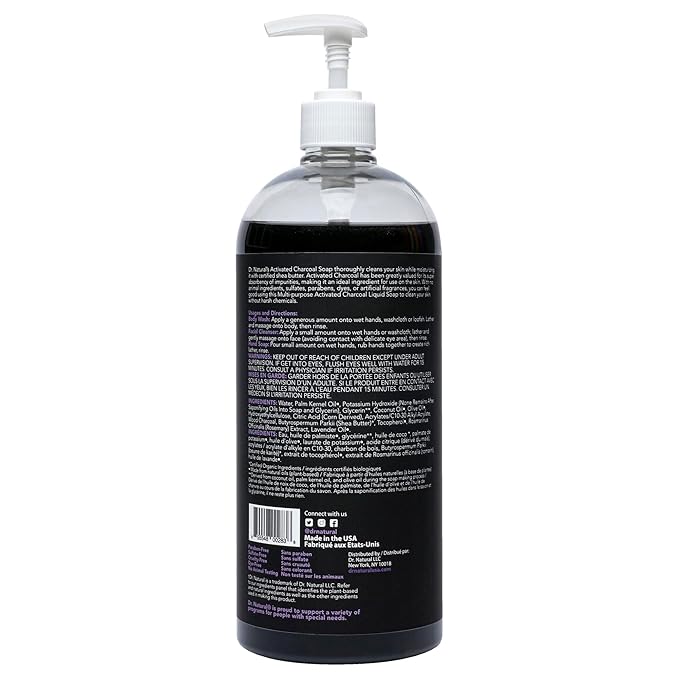 Dr. Natural Activated Charcoal Liquid Soap - Anti Acne and Blemishes - Deep Cleansing Body Wash - Gentle Body Soap for Clear Skin - Lavender - 32 oz..
