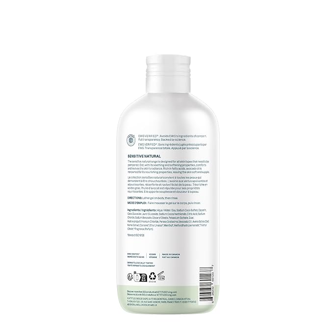 ATTITUDE Body Wash for Sensitive Skin with Oat and Avocado Oil, EWG Verified, Dermatologically Tested, Vegan, 16 Fl Oz