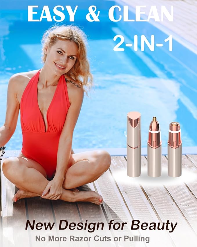 Facial Hair Removal Eyebrow Trimmer 2 in 1, Portable Facial Hair Remover for Women, Travel Rechargeable Hair Razor Bikini Shaver for Lady Men Girls for Face Peach Fuzz, Lips, Chin, Armpit, Body (Gold)