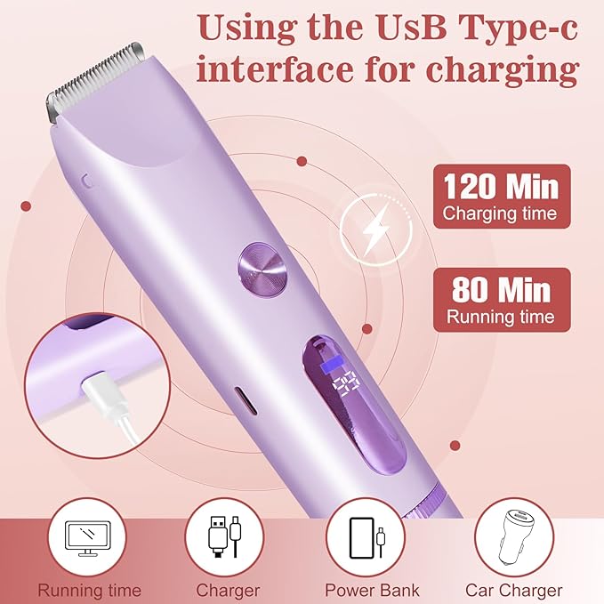 Bikini Trimmer for Women 2in1 High Power Epilators Hair Removal Waterproof Electric Razors Women's Electric Razor Pubic Hair Trimmer Shaver for Women for Ladies Pubic,Face, Underarms,Legs (Purple)