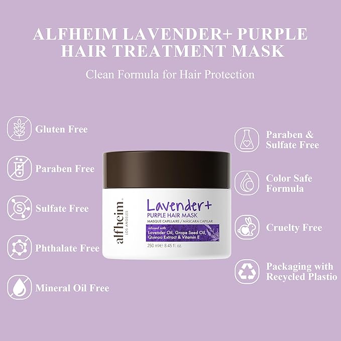 ALFHEIM Lavender Purple Hair Mask | Neutralizes Brass & Yellow Tones | Deep Moisturizing & Repairing for Blonde, Bleached & Silver Hair | Infused with Lavender Oil, Grape Seed Oil & Vitamin E 8.45 oz