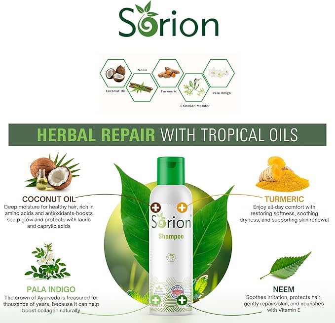 Sorion Shampoo for Collagen Boost with Coconut Oil and Pala Indigo Essential Oils, Herbal Repair for Damaged Hair, Gently Nourishing Scalp Treatment